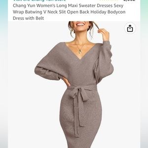 Camel color women’s long sleeve sweater wrap body con dress with v back.